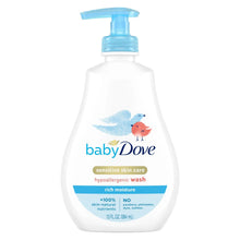 Baby Dove hypoallergenic wash bottle with blue pump and rich moisture label