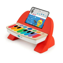 Red and white wooden baby piano toy with colorful keys and a music display screen