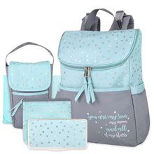 Diaper bag backpack set with blue star print, gray bottom, and matching pouch and wipes case