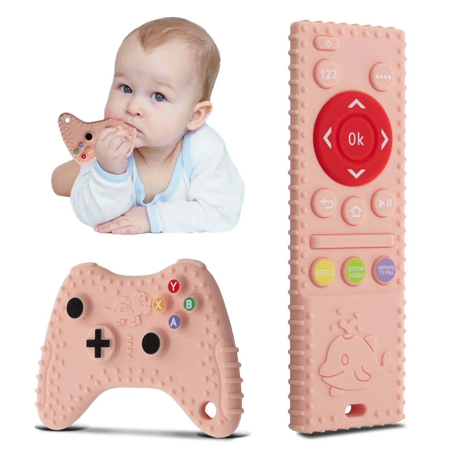 Baby Teething Toys, 2 Pcs Silicone Teething Toys for 3-6 month 6-12 Months - Sensory Toy Chew Toys Educational Toys for Toddler, Remote Control and Game Controller Teething Toys Set - Black - USA MEGA SHOP