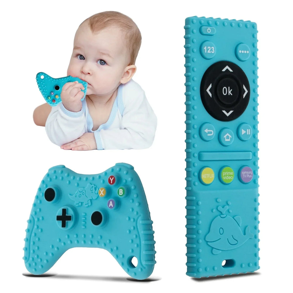 Baby Teething Toys, 2 Pcs Silicone Teething Toys for 3-6 month 6-12 Months - Sensory Toy Chew Toys Educational Toys for Toddler, Remote Control and Game Controller Teething Toys Set - Black - USA MEGA SHOP