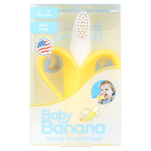 Baby Banana Infant Toothbrush blister pack with yellow banana teether and white bristles