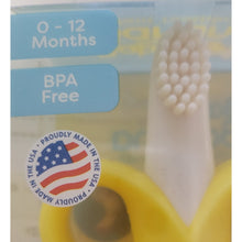 Close-up of yellow banana teether toothbrush bristle head with BPA-free label