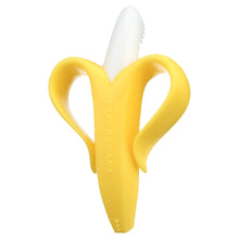 Yellow banana teether toothbrush with white bristle head and raised Baby Banana text
