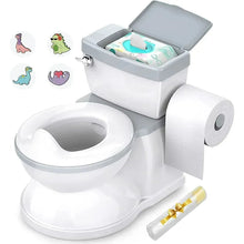 White toddler potty training toilet with open lid, built-in flush panel, and toilet paper holder