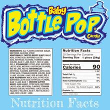 Nutrition Facts label for Bottle Pop candy, showing calories, sugar, and fat