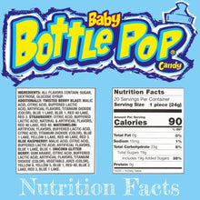 Baby bottle pop candy nutrition facts panel with ingredients and allergen info