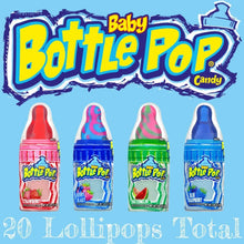 Baby bottle pop candy variety pack showing four colored bottle lollipops, 20 total