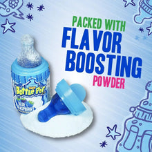 Blue baby bottle pop candy bottle with white flavoring powder mound