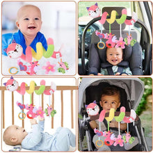 Baby car seat toy set shown in stroller with hanging owl and plush rattles