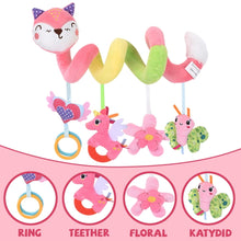 Baby car seat toy set with owl topper, ring, teether and floral hanging plush