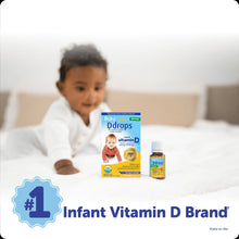 Baby vitamin D3 drops box and bottle shown with infant on bed