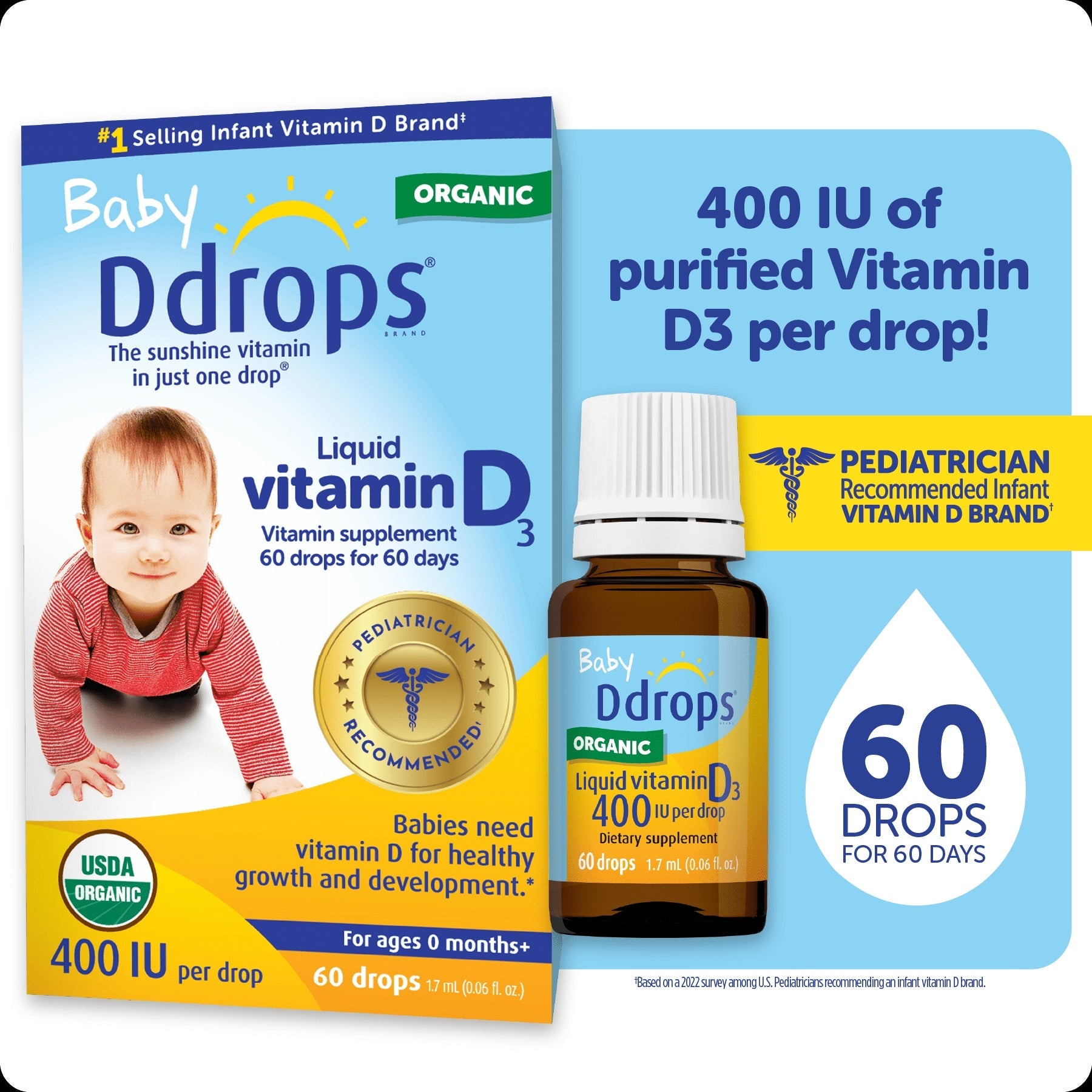 Baby Ddrops Liquid Organic Vitamin D3 Supplement Drops, 400 IU per Drop, 0.06 fl oz