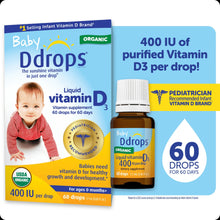 Organic liquid vitamin D3 supplement bottle and box, 400 IU per drop for babies