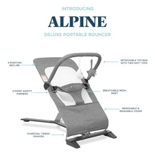 Gray portable baby bouncer shown in front view with toy bar and cover