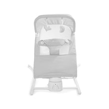 Gray and white newborn baby bouncer with curved canopy and padded insert, front view.