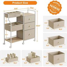 Product size diagram for a 3-tier nursery storage cart with drawer bins and caster base.
