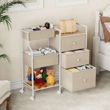 Corner-ready storage cart with fabric side bins, three drawers, and rolling wheel feet.