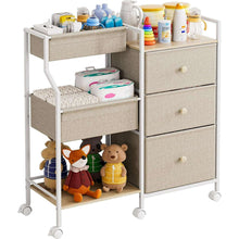 3-tier storage cart with fabric bins and three drawer compartments, on rolling casters.