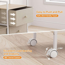 Nursery storage cart with soft-touch drawer fronts and 360 swivel caster wheels.