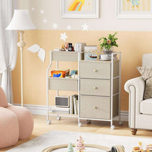 3-tier nursery storage cart with open shelves, three drawers, and fabric divider bins.