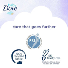 Baby Dove body wash care graphic with PSI seal, 100% recycled bottle, and PETA certified
