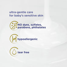 Baby Dove body wash label icons: ultra-gentle care, hypoallergenic, tear-free