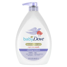 Baby Dove body wash bottle with lavender pump and calming moisture label on white bottle