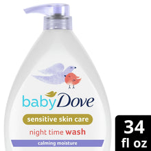 Baby Dove body wash bottle front with calming moisture label and 34 fl oz badge