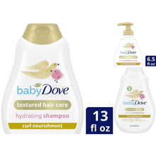 Baby Dove textured hair care hydrating shampoo bottle, 13 fl oz, gold pump
