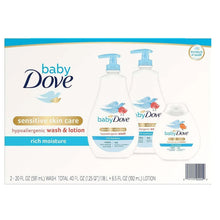 Baby Dove baby wash and lotion kit with three pump bottles, sensitive skin care