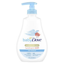 Baby Dove sensitive skin care hypoallergenic wash bottle with pump, rich moisture.
