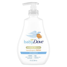 Baby Dove sensitive skin care hypoallergenic lotion bottle with pump, rich moisture.