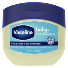 Vaseline baby healing jelly tub with navy lid, white petrolatum.