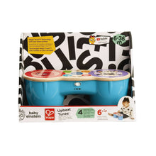 Retail box for wooden baby drum toy with blue drums and icon button panels