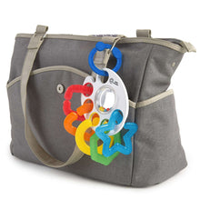 Gray fabric tote bag with attached baby activity ring toy