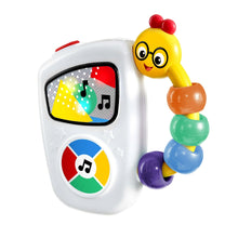 White baby music teacher toy with rainbow buttons and yellow antenna bell rattle