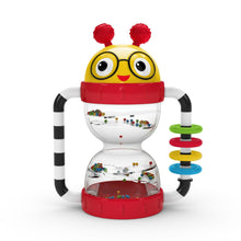 Baby activity rattle with face, clear shaker tube, red base and multicolor beads