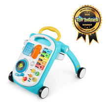 Blue baby push walker with activity panel and yellow handle on wheels