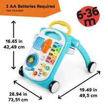 Blue baby push walker with activity panel and yellow carry handle