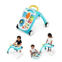 Blue push walker shown with seated table and floor play positions