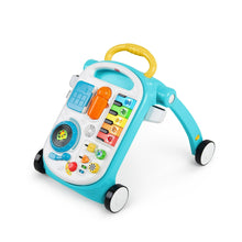 Blue baby push walker with activity panel, wheels, and yellow handle