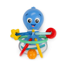 Blue ocean character teether and rattle toy with smiling face and colorful ring arms