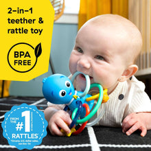 Baby Einstein ocean character teether and rattle toy with blue face and colorful rings