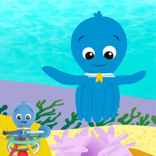 Blue ocean character teether and rattle toy with smiling face and colorful ring arms