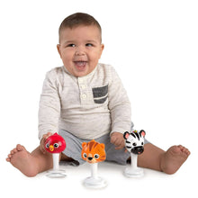 Three animal jingle rattles on white stems: red bird, orange tiger, black-and-white zebra