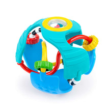 Teal sensory rattle ball with colorful textured rings and handle arms