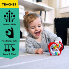 Sensory ball toy with red frame and multicolor beads on white support bars
