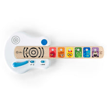 Electronic toy guitar, white with blue handle and colorful animal button board