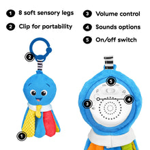 Blue plush soother with clip, volume control, sounds options, and on/off switch panel